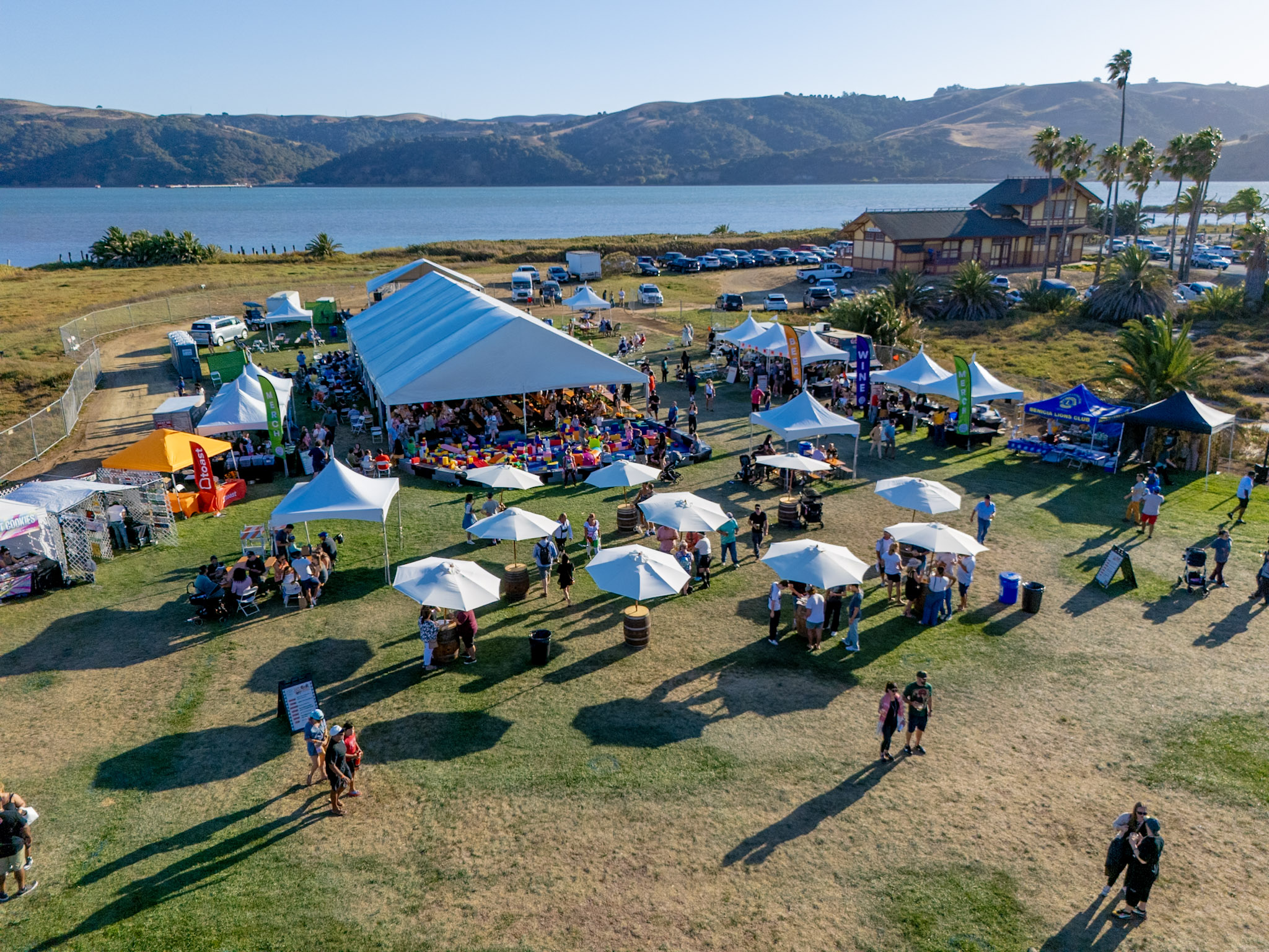 Aerial view of Benicia Oktoberfest at First Street Green on the Carquinez Strait waterfront